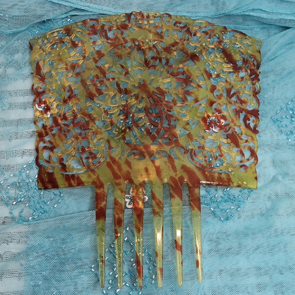 Vintage Tortoise Plastic Floret Design Mantilla Hair Comb Large Size